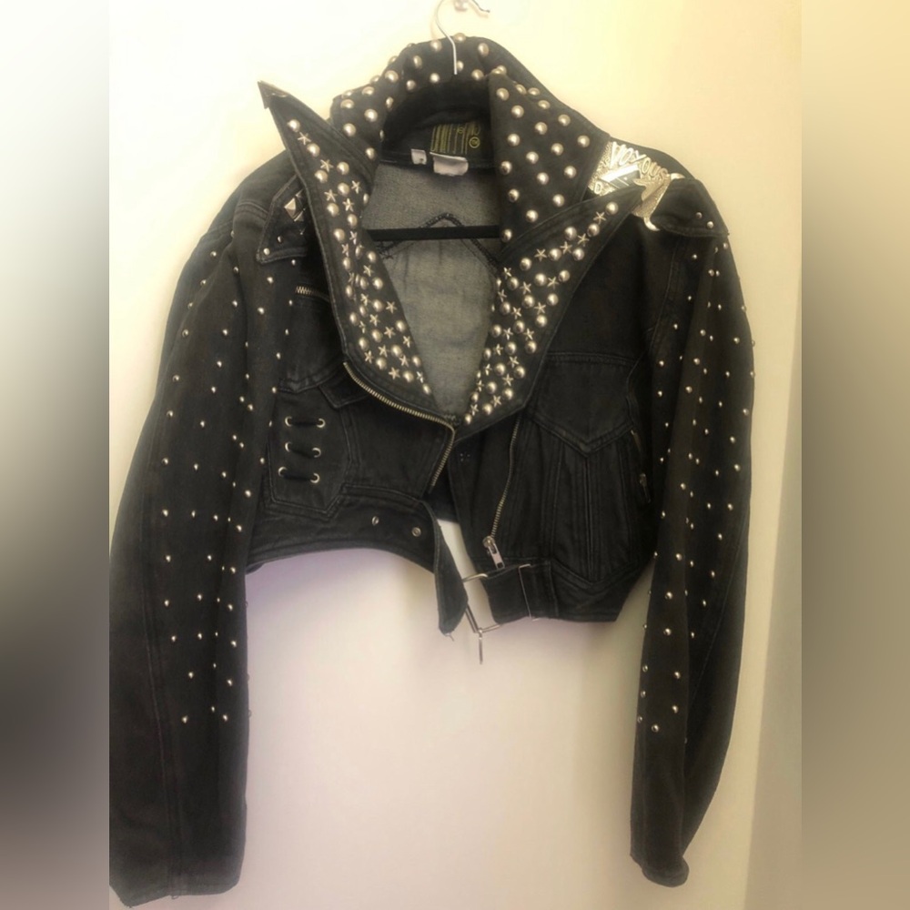 Denim studded cropped Rockers jacket RARE size medium - Picture 3 of 9